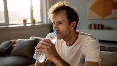 Мужчина пьет воду из бутылки